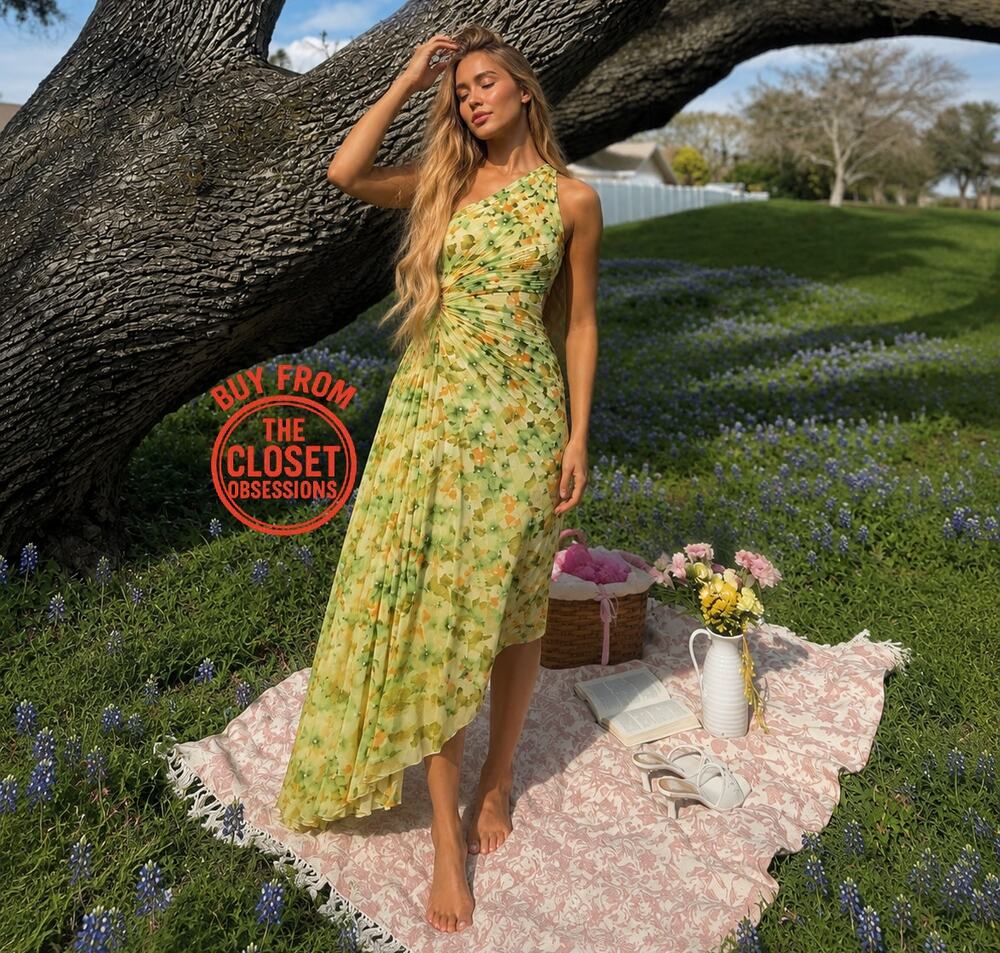 MANGO One Shoulder Floral Pleated Midi Dress NWT Wedding Guest Resort